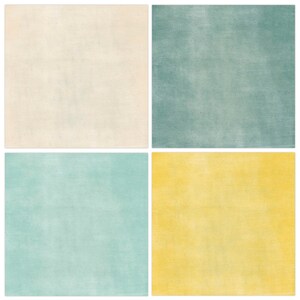 Puede incluir: Un collage digital de cuatro cuadrados texturados en crema, azul verdoso, azul claro y amarillo.
