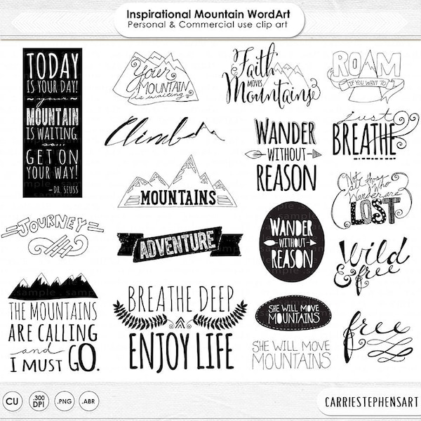Mountain Word Art PNG & Inspirational Quote Clip Art, Printable Project Life Digital Stamp, Motivational Graduation Card Clip Art