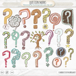 May include: A set of 20 hand-drawn question marks in various styles and colors. The question marks are drawn in a whimsical and playful style, with different patterns and textures. The set includes question marks with swirls, dots, stars, and other decorative elements.