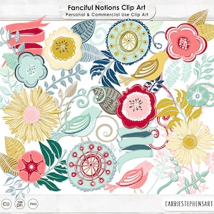 Colorful Flowers ClipArt, Retro Kitchen Floral Wreath Graphic Design, Hand-Drawn Bird & Flourish Clip Art, Modern Flower PNG Download
