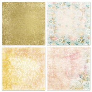 Puede incluir: Cuatro texturas de papel digital en un collage. La parte superior izquierda es un fondo dorado con un patr&oacute;n blanco. La parte superior derecha es un fondo azul claro con un patr&oacute;n floral. La parte inferior izquierda es un fondo amarillo con un patr&oacute;n blanco. La parte inferior derecha es un fondo rosa con un patr&oacute;n blanco.