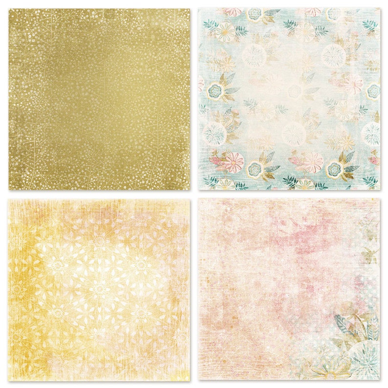 Puede incluir: Cuatro texturas de papel digital en un collage. La parte superior izquierda es un fondo dorado con un patr&oacute;n blanco. La parte superior derecha es un fondo azul claro con un patr&oacute;n floral. La parte inferior izquierda es un fondo amarillo con un patr&oacute;n blanco. La parte inferior derecha es un fondo rosa con un patr&oacute;n blanco.