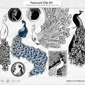 Peacock Clip Art, Printable Image Transfer Sheet,  PNG ClipArt + Photoshop Brush, Peacock Silhouette, Bird Image, Digital Stamp Download