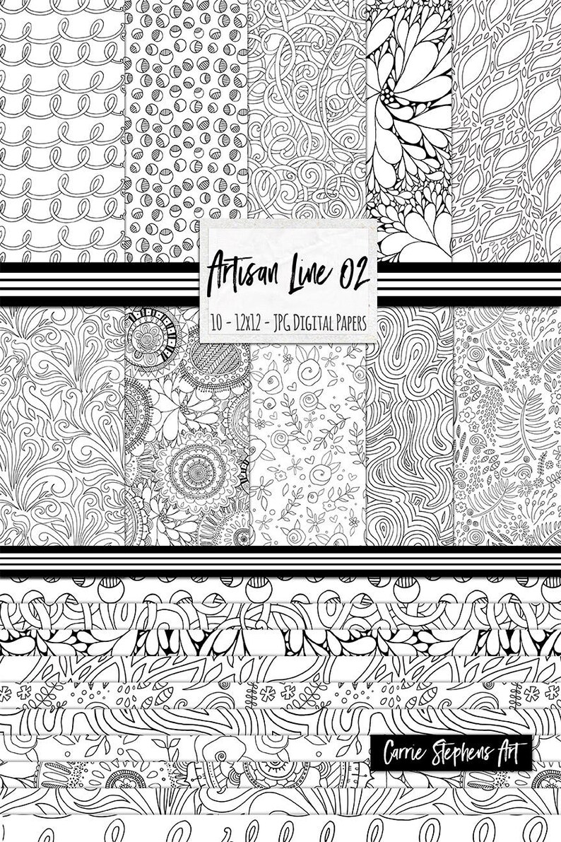 May include: A set of 10 digital papers featuring black and white line art patterns. The patterns include swirls, flowers, and geometric shapes. The papers are 30.48 cm by 30.48 cm and are perfect for crafting and scrapbooking.