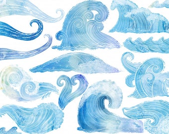Blue Watercolor Wave ClipArt |  Ocean Lover, Surfs Up PNG Download for Wall Art, Nautical, Summer Beach Vacation, Aloha Hawaii