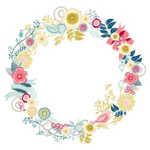 May include: A floral wreath with pink, yellow, and blue flowers, green leaves, and two birds. The wreath is on a white background.