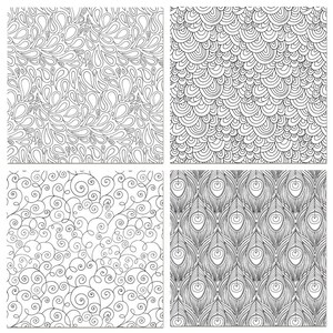 May include: Four black and white seamless patterns with intricate designs. The patterns include swirls, drops, scales, and peacock feathers.
