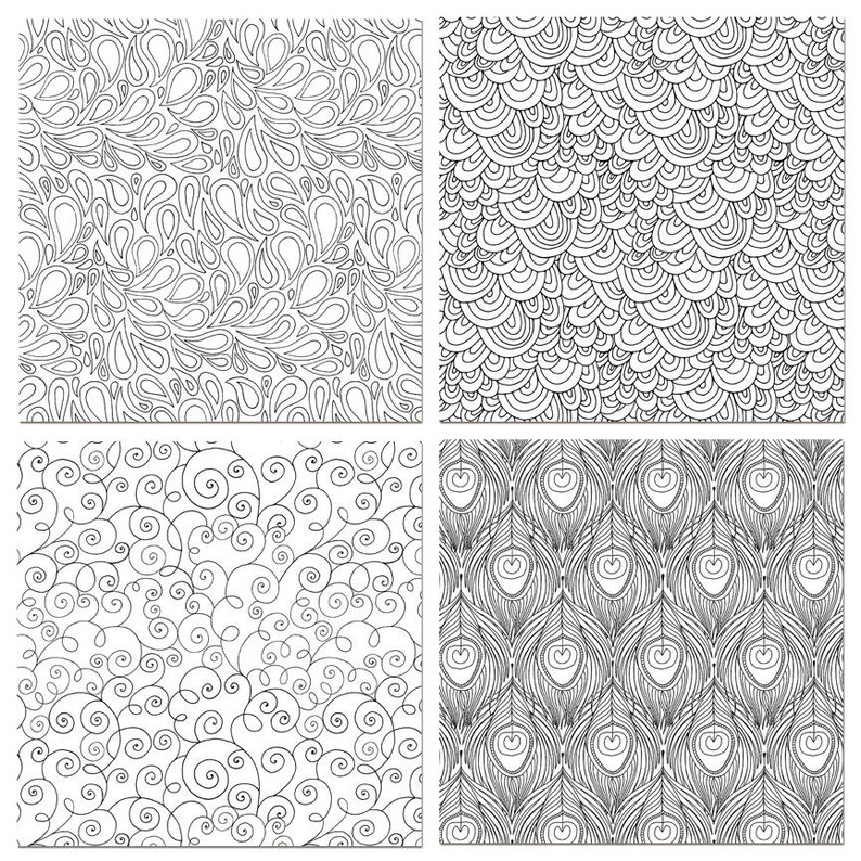 May include: Four black and white seamless patterns with intricate designs. The patterns include swirls, drops, scales, and peacock feathers.
