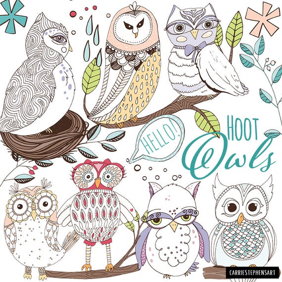 Hoot Owl ClipArt, Owl Graphic Download PNG Files, Printables for Planners, Digital Collage Art, Mixed media printable, Digital Scrapbook Il_570xn