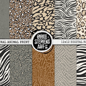 Neutral Animal Print Pattern Digital Paper, Beige Leopard Print Background, Printable Scrapbook Paper | Cheetah, Zebra, Giraffe