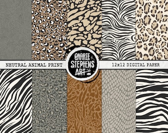 Neutral Animal Print Pattern Digital Paper, Beige Leopard Print Background, Printable Scrapbook Paper | Cheetah, Zebra, Giraffe