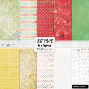 May include: A set of 12 digital papers with a St. Patrick's Day theme. The papers feature a variety of patterns, including shamrocks, rainbows, and lucky pennies. The papers are textured and have a vintage look.