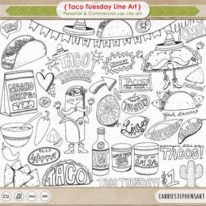 Taco Tuesday Line Art, Cinco De Mayo Digital Graphics, Mexican Fiesta Illustration, Food ClipArt Silhouettes, Printable Coloring Images