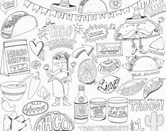 Taco Tuesday Line Art, Cinco De Mayo Digital Graphics, Mexican Fiesta Illustration, Food ClipArt Silhouettes, Printable Coloring Images