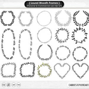 Laurel Wreath Frame Clip Art, Digital Stamps, PNG Images & Brush, Logo ClipArt Graphic, Circle Border, Hand Embroidery Pattern