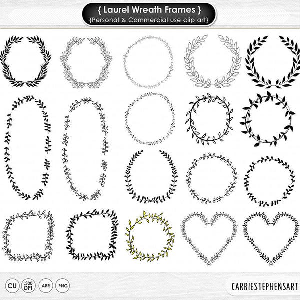 Laurel Wreath Frame Clip Art, Digital Stamps, PNG Images & Brush, Logo ClipArt Graphic, Circle Border, Hand Embroidery Pattern