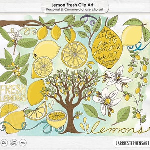 Lemon ClipArt, Spring Lemon Tree Blossom, Hand-Drawn Lemon Graphic Download, Summer Citrus Fruit Designs for Card Making & Scrapbooks