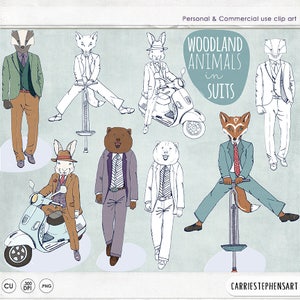 Bosdieren in pak ClipArt, Gentleman Bear-illustraties, stoere haas, das, vos handgetekende lijntekeningen + hipster png-afbeelding