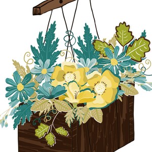 K&ouml;nnte beinhalten: Ein H&auml;ngekorb aus Holz mit rustikalem Finish. Der Korb ist mit verschiedenen Blumen gef&uuml;llt, darunter gelbe und blaue Blumen sowie gr&uuml;ne Bl&auml;tter.