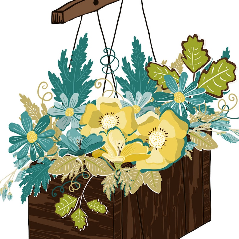 K&ouml;nnte beinhalten: Ein H&auml;ngekorb aus Holz mit rustikalem Finish. Der Korb ist mit verschiedenen Blumen gef&uuml;llt, darunter gelbe und blaue Blumen sowie gr&uuml;ne Bl&auml;tter.