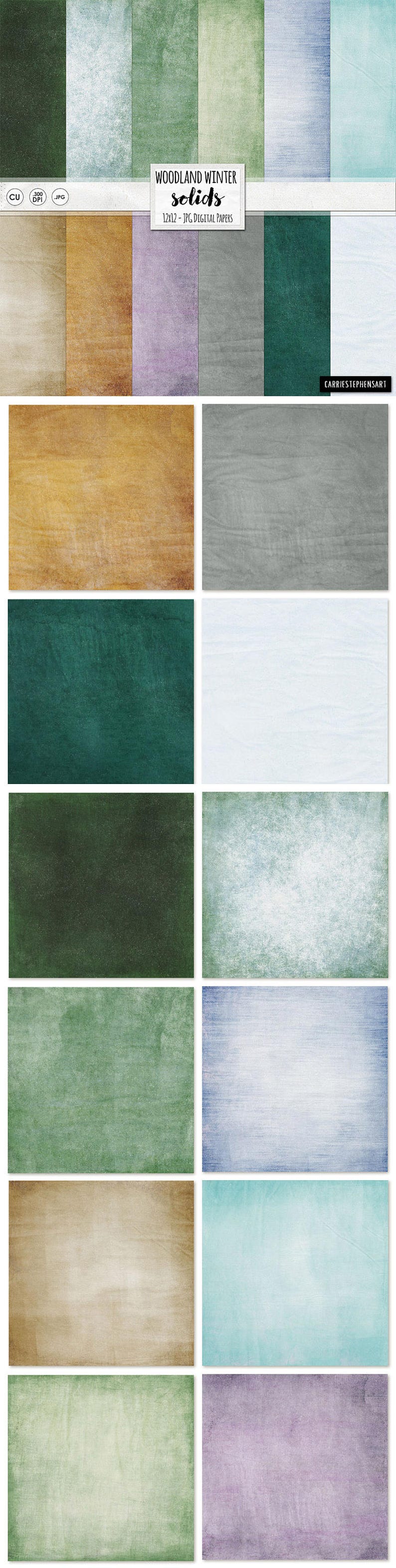 May include: Twelve digital paper backgrounds in various shades of green, blue, brown, and purple. The papers have a textured, watercolor-like appearance. The text "Woodland Winter Solids 12x12 - JPG Digital Papers" is at the top of the image.