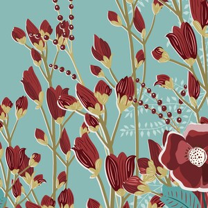 May include: A digital illustration of a floral pattern with red flowers and green leaves on a light blue background.