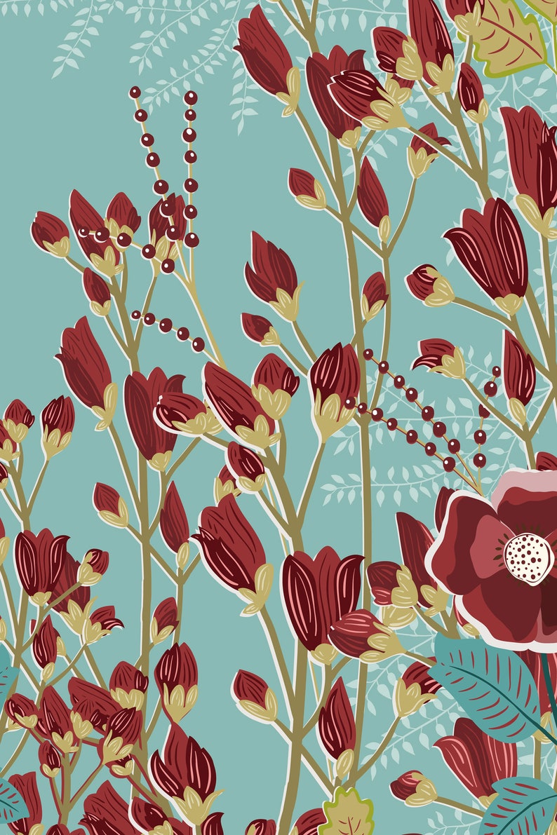 May include: A digital illustration of a floral pattern with red flowers and green leaves on a light blue background.