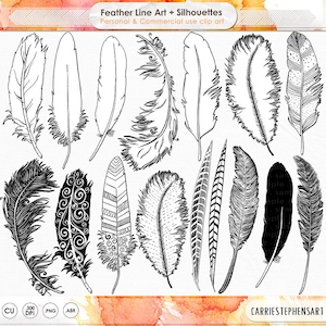 Hand Drawn Feather Line Art, Digital Stamps, PNG Printable Feather Doodle ClipArt for Card Making, Invitations & DIY Art Prints