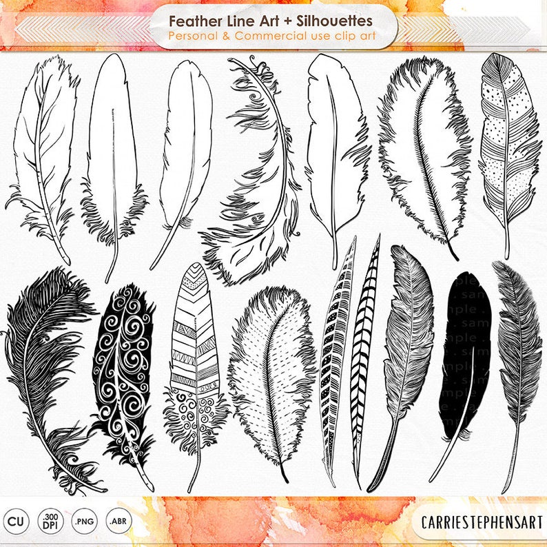 May include: A set of 15 black and white feather illustrations. The feathers are drawn in a variety of styles, including line art and silhouettes. Some feathers have intricate patterns, while others are simple and elegant.