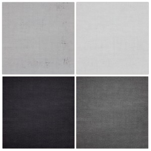 May include: Four square samples of fabric in different shades of grey. The top left sample is a light grey with a subtle texture. The top right sample is a lighter grey with a smooth texture. The bottom left sample is a dark grey with a subtle texture. The bottom right sample is a medium grey with a subtle texture.