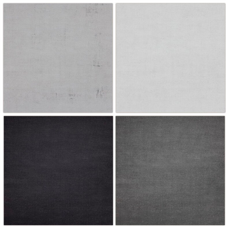 May include: Four square samples of fabric in different shades of grey. The top left sample is a light grey with a subtle texture. The top right sample is a lighter grey with a smooth texture. The bottom left sample is a dark grey with a subtle texture. The bottom right sample is a medium grey with a subtle texture.