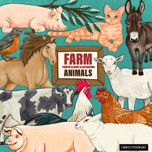 Peut inclure: Une collection d'illustrations d'animaux de ferme peintes, comprenant un cochon, un cheval, une vache, un coq, un mouton, une ch&egrave;vre, un &acirc;ne et un chat. Les illustrations sont de style cartoon et ont un aspect fantaisiste. Le texte "FARM PAINTED CLIPART ILLUSTRATIONS ANIMALS" est affich&eacute; sur une pancarte en bois.