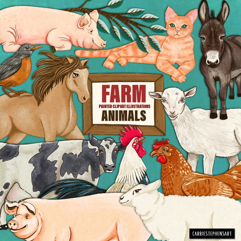 Peut inclure: Une collection d'illustrations d'animaux de ferme peintes, comprenant un cochon, un cheval, une vache, un coq, un mouton, une ch&egrave;vre, un &acirc;ne et un chat. Les illustrations sont de style cartoon et ont un aspect fantaisiste. Le texte "FARM PAINTED CLIPART ILLUSTRATIONS ANIMALS" est affich&eacute; sur une pancarte en bois.
