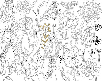 Mod Flower Digital Stamp Download, Printable Line Art + Silhouettes, Boho Flower Clip Art Flower Doodle, Floral Stationery, Hand Embroidery