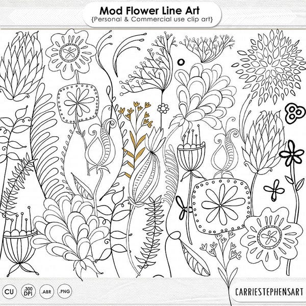 Mod Flower Digital Stamp Download, Printable Line Art + Silhouettes, Boho Flower Clip Art Flower Doodle, Floral Stationery, Hand Embroidery