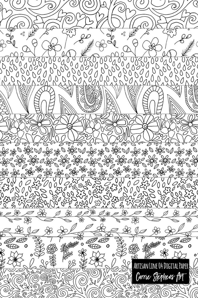 Puede incluir: Un conjunto de 10 papeles digitales con patrones florales en blanco y negro. Los patrones incluyen espirales, paisley, flores y hojas. El texto "Artisan Line 04 Digital Paper Carrie Stephens Art" est&aacute; en la parte inferior de la imagen.