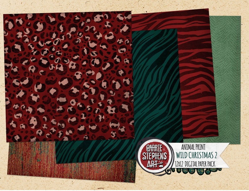 K&ouml;nnte beinhalten: Digitales Papierpaket mit vier Tierdruckdesigns. Die Designs umfassen einen roten und wei&szlig;en Leoparden-Druck, einen roten und gr&uuml;nen Zebra-Druck, einen roten und gr&uuml;nen Tiger-Druck und einen gr&uuml;nen und wei&szlig;en Krokodil-Druck. Das Paket tr&auml;gt den Titel "Animal Print Wild Christmas 2 12x12 Digital Paper Pack" von Carrie Stephens Art.