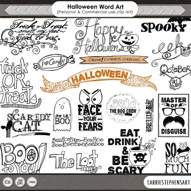 Puede incluir: Conjunto de im&aacute;genes predise&ntilde;adas de Halloween en blanco y negro con varias frases e im&aacute;genes espeluznantes, que incluyen "Trick or Treat", "Happy Halloween", "Spooky", "Boo to You", "Face Your Fears", "The Boo Crew", "Eat Drink & Be Scary", "Master of Disguise" y "So Much Fun".