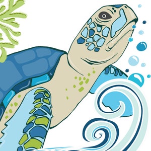 May include: A cartoon illustration of a sea turtle swimming in blue water with green seaweed and blue bubbles. The turtle has a blue and green shell and a light brown head.