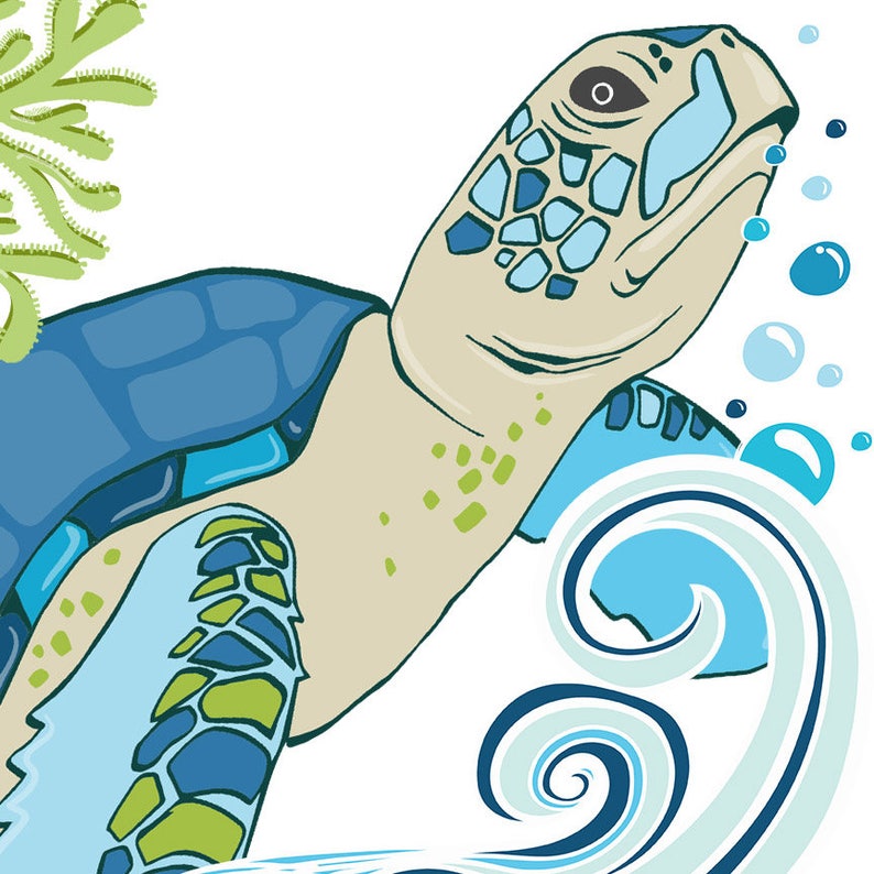 May include: A cartoon illustration of a sea turtle swimming in blue water with green seaweed and blue bubbles. The turtle has a blue and green shell and a light brown head.