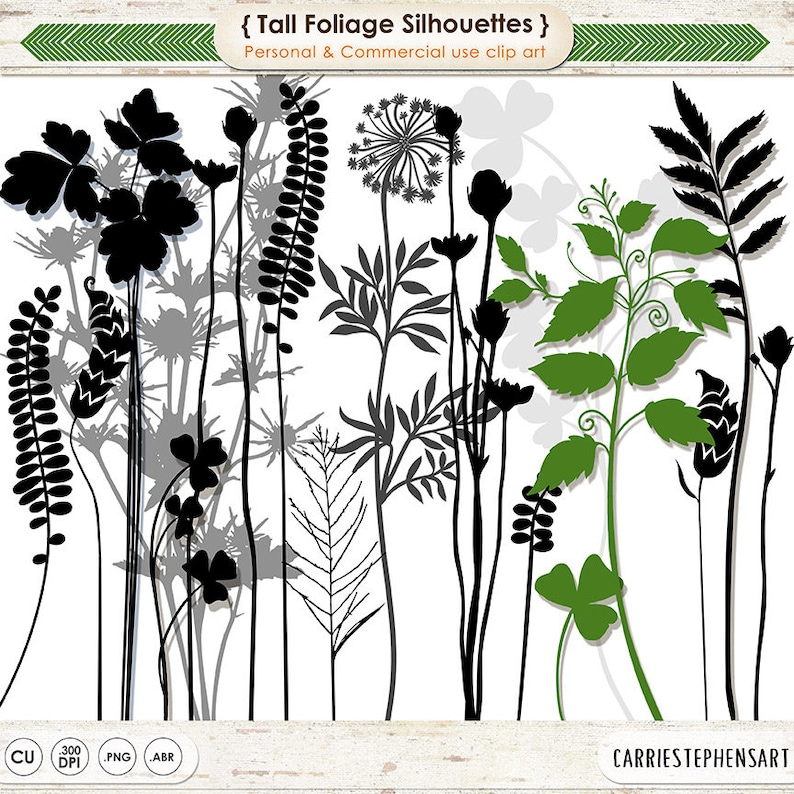 May include: A digital illustration of tall foliage silhouettes in black, gray, and green. The image includes various types of leaves, stems, and flowers. The text "{ Tall Foliage Silhouettes }" and "Personal & Commercial use clip art" is included in the image.