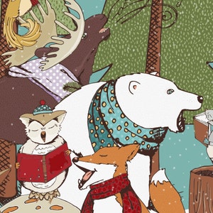 Op de afbeelding: Een fantasievolle illustratie van een ijsbeer, een vos, een uil en een eland die kerstliederen zingen in een besneeuwd bos. De dieren dragen sjaals en hoeden, en de uil houdt een boek vast.
