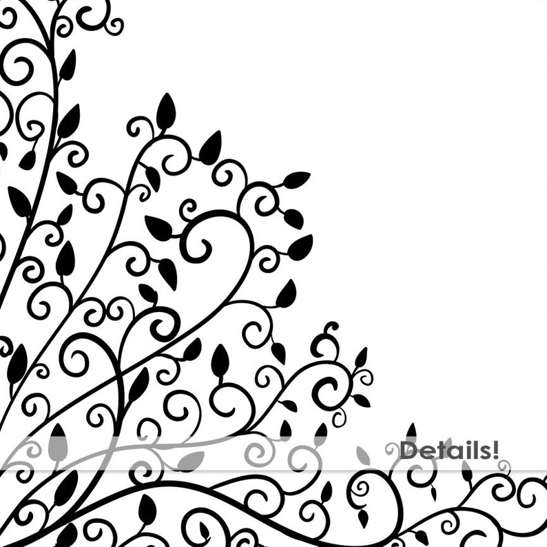 Puede incluir: Ilustraci&oacute;n en blanco y negro de un dise&ntilde;o floral decorativo con enredaderas y hojas en espiral.