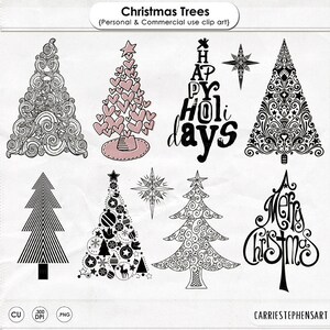 Christmas Tree PNG ClipArt Silhouettes, Digital Download Holiday Stamp Images for DIY Christmas Cards, Scrapbook Pages and Crafts