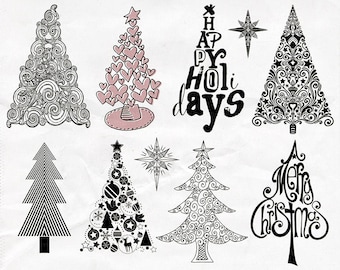 Christmas Tree PNG ClipArt Silhouettes, Digital Download Holiday Stamp Images for DIY Christmas Cards, Scrapbook Pages and Crafts