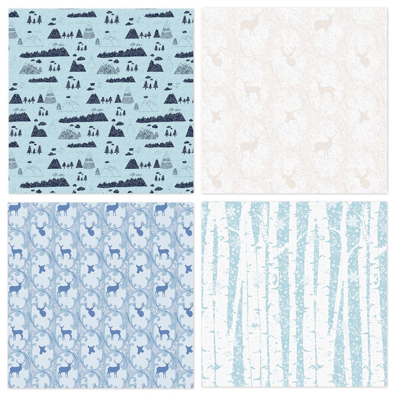 May include: Four different seamless patterns in blue and white. The first pattern features a mountain range, trees, and clouds. The second pattern features a stylized deer design. The third pattern features a white deer on a light blue background. The fourth pattern features a white birch tree forest with a light blue background.