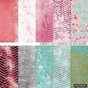 Tropical Flamingo Chevron Pattern Digital Backgrounds, Vacation Scrapbook Papers for crafters, Shabby Distressed Texture, Instant Download image 1