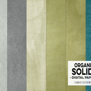 May include: Six digital paper textures in various shades of green, gray, and blue. The textures have a subtle organic look. The text "ORGANIC SOLIDS - DIGITAL PAPERS - CARRIESTEPHEANSART" is at the bottom of the image.
