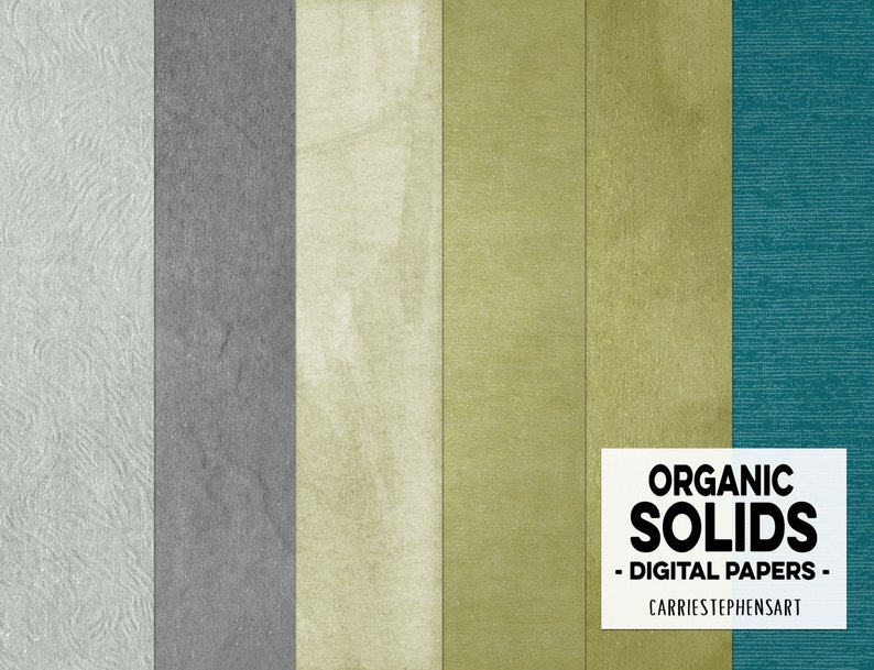 May include: Six digital paper textures in various shades of green, gray, and blue. The textures have a subtle organic look. The text "ORGANIC SOLIDS - DIGITAL PAPERS - CARRIESTEPHEANSART" is at the bottom of the image.