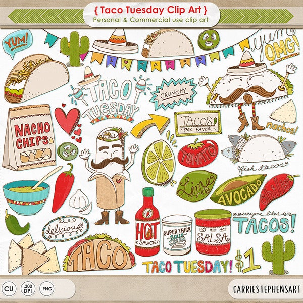 Taco Clip Art, A Mexican Fiesta Taco Tuesday Theme Image set, Cinco De Mayo, Imagens gráficas de comida de festa de aniversário